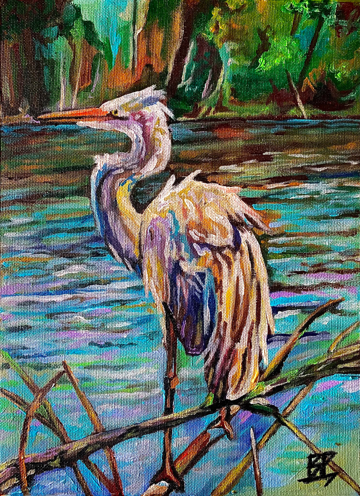 “Morning on the Marsh” Heron Painting | Acrylic on Canvas 9”x12”