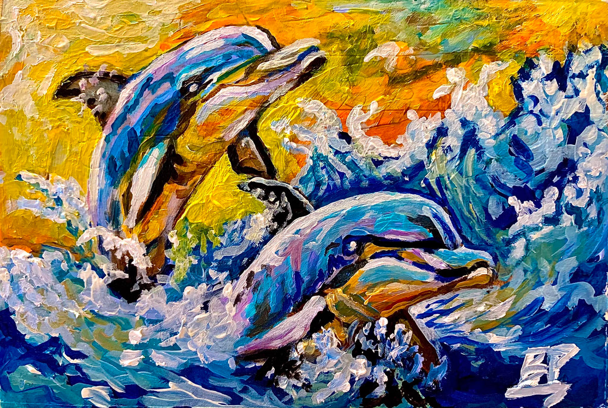 “Shared Company” Dolphins Painting | Acrylic on Canvas 5” x 8”