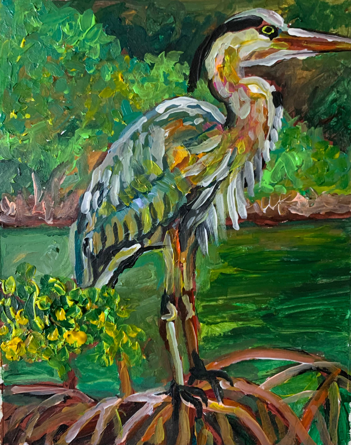 “Guardian of the Mangroves” Heron Painting Acrylic on Canvas 6”x8”