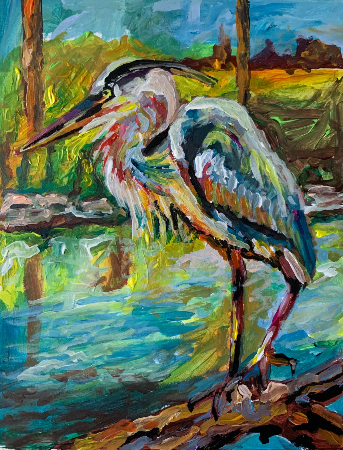 “Wetland Wanderer” Heron Painting Acrylic on Canvas 8”x6”