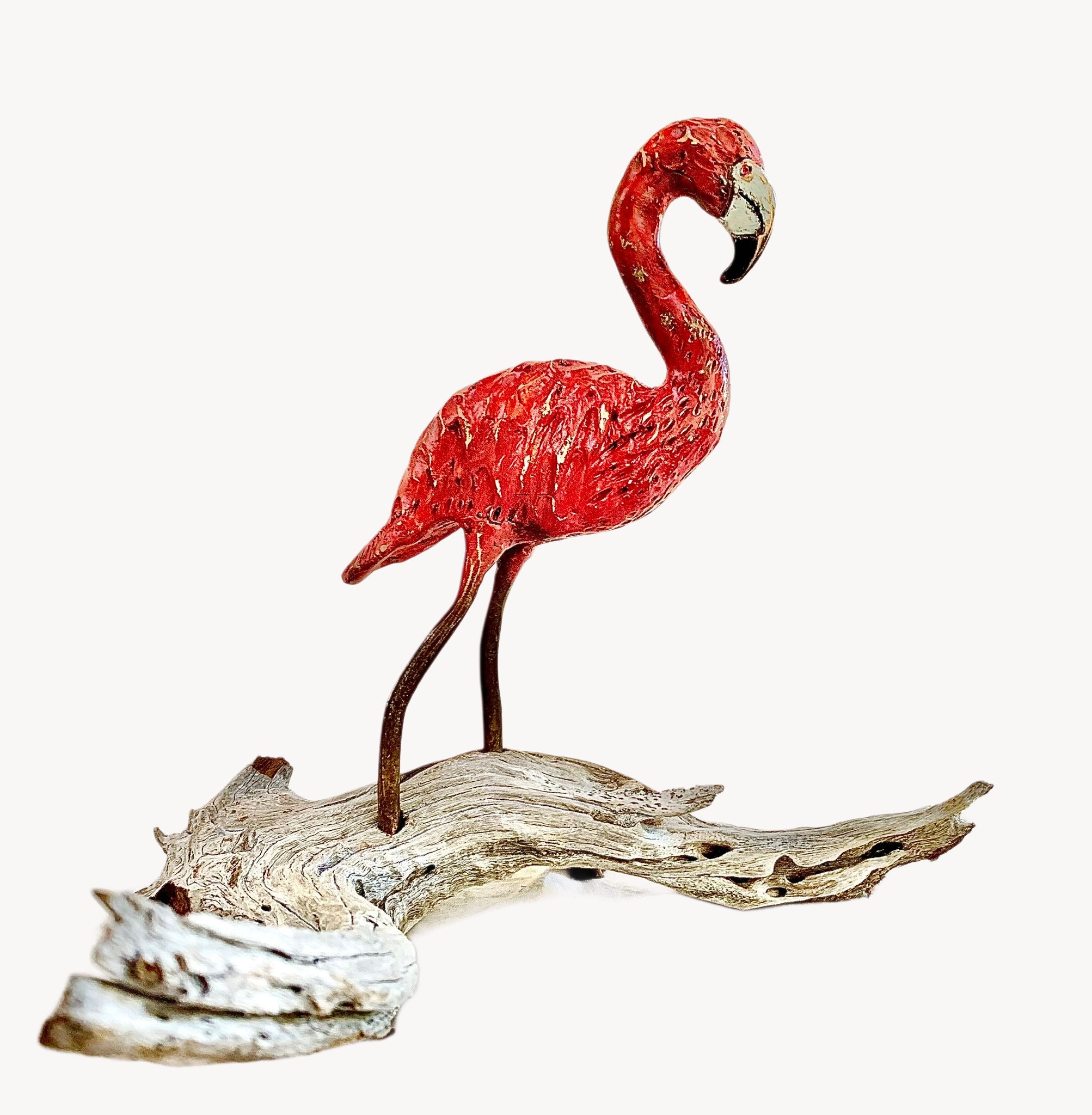 Bronze Casted Pink Flamingo on Native Driftwood