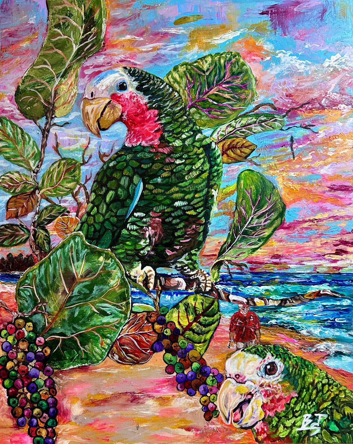 "Squawking in Abaco" Abaco Parrots | Acrylic on Canvas 2' x 30"