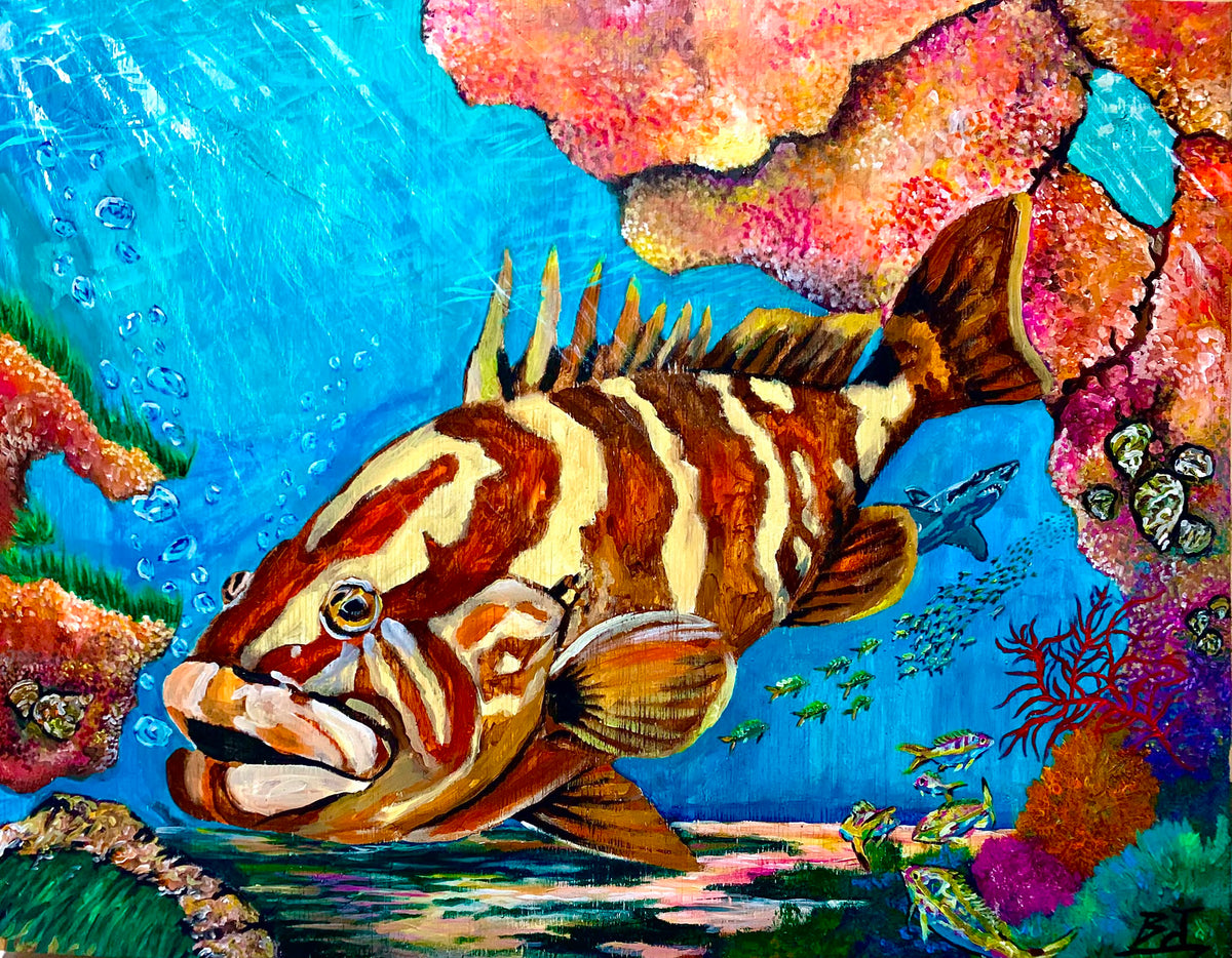 "Market Ventures" Nassau Grouper Painting | Acrylic on Plywood 3ft x 28in